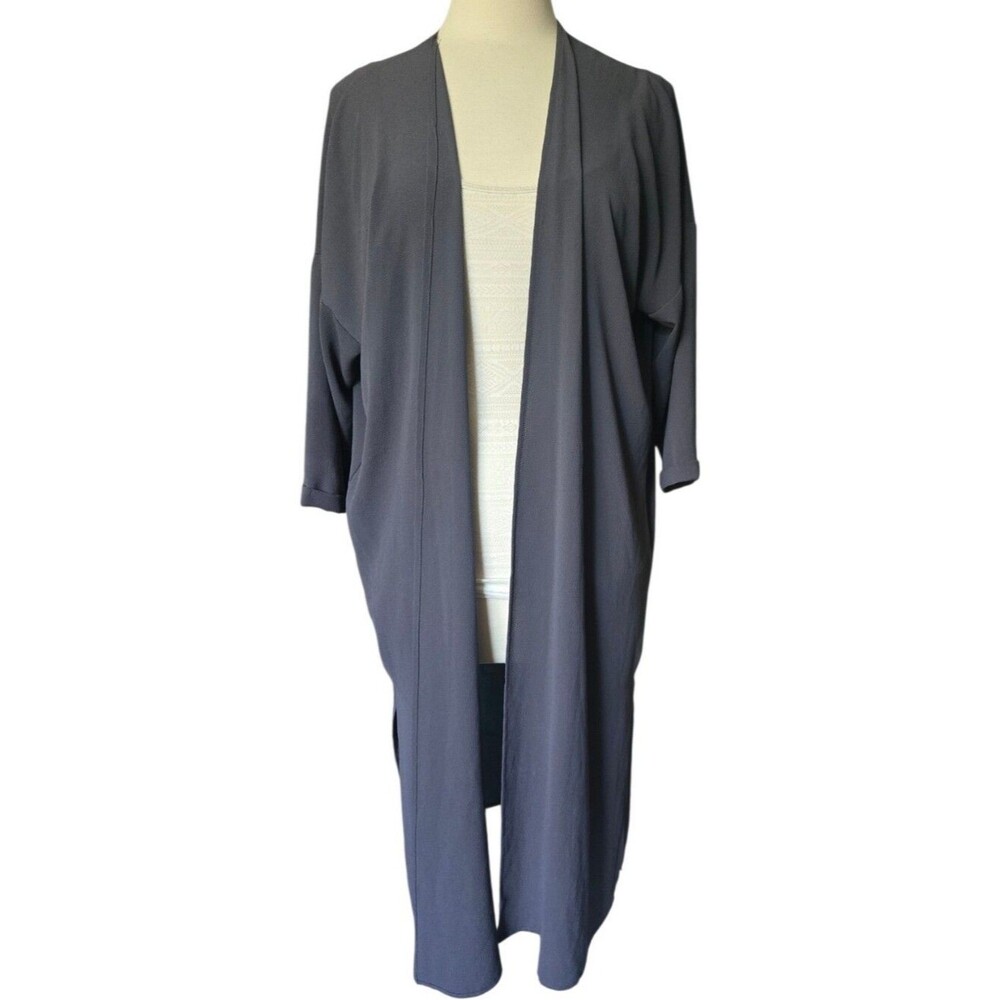 BLVD brand open-front long dusteLong Open Front Duster Cardigan in Charcoal Gray
